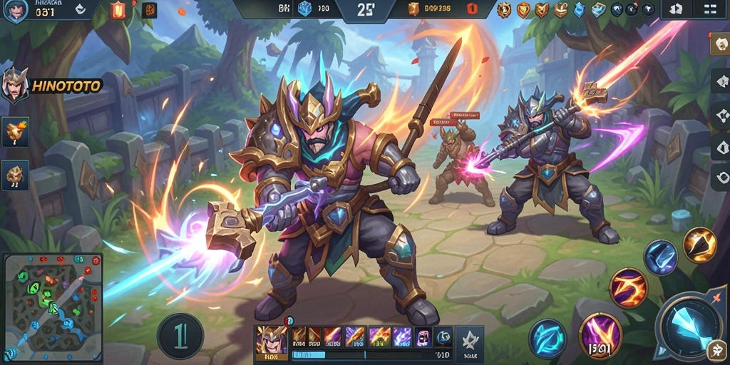 Tangkapan layar gameplay HINOTOTO menampilkan pertarungan seru antar karakter.