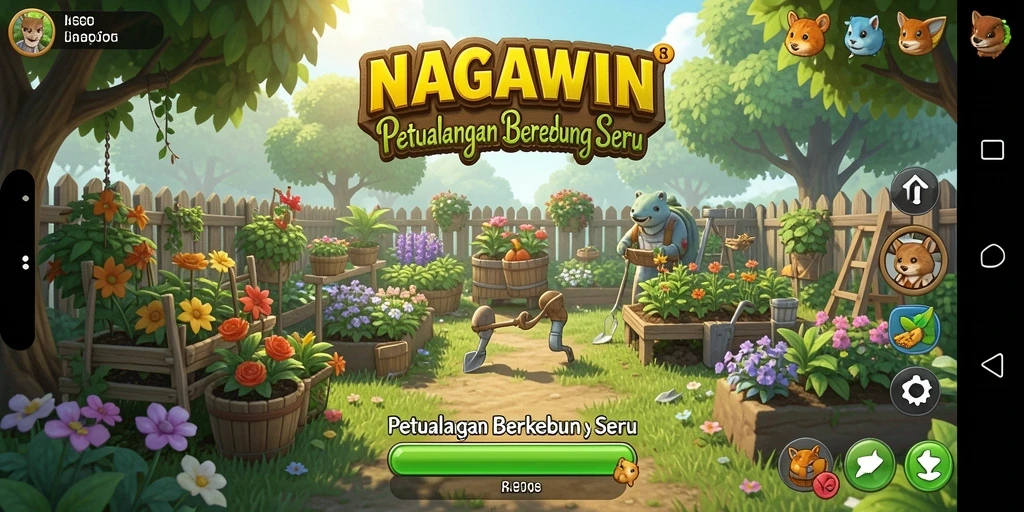 Tampilan gameplay NAGAWIN saat berkebun dan merawat tanaman.