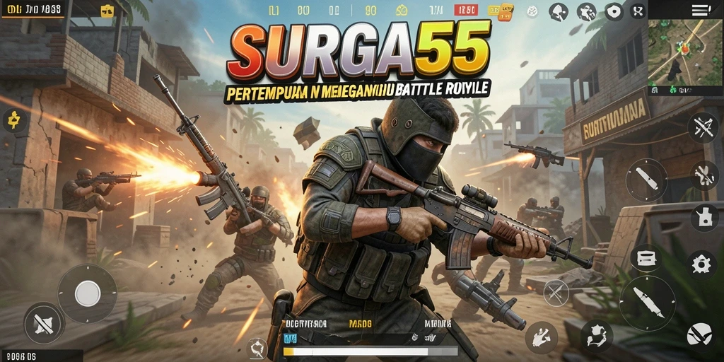 Tampilan dinamis gameplay SURGA55 dalam pertarungan Battle Royale.