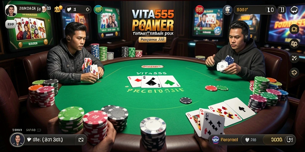 Tampilan utama VITA555 yang menampilkan gameplay Poker yang mendebarkan.