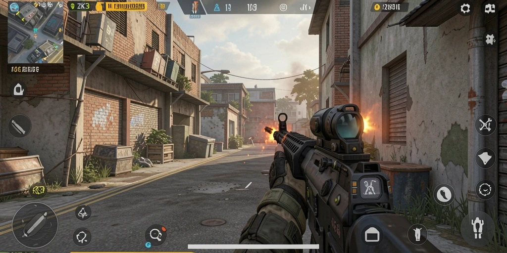 Screenshot utama ZK3 memperlihatkan aksi menembak yang intens dan grafis mengagumkan.